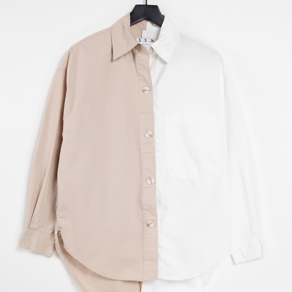 Bershka spliced fabric oversized dad shirt in beige and white